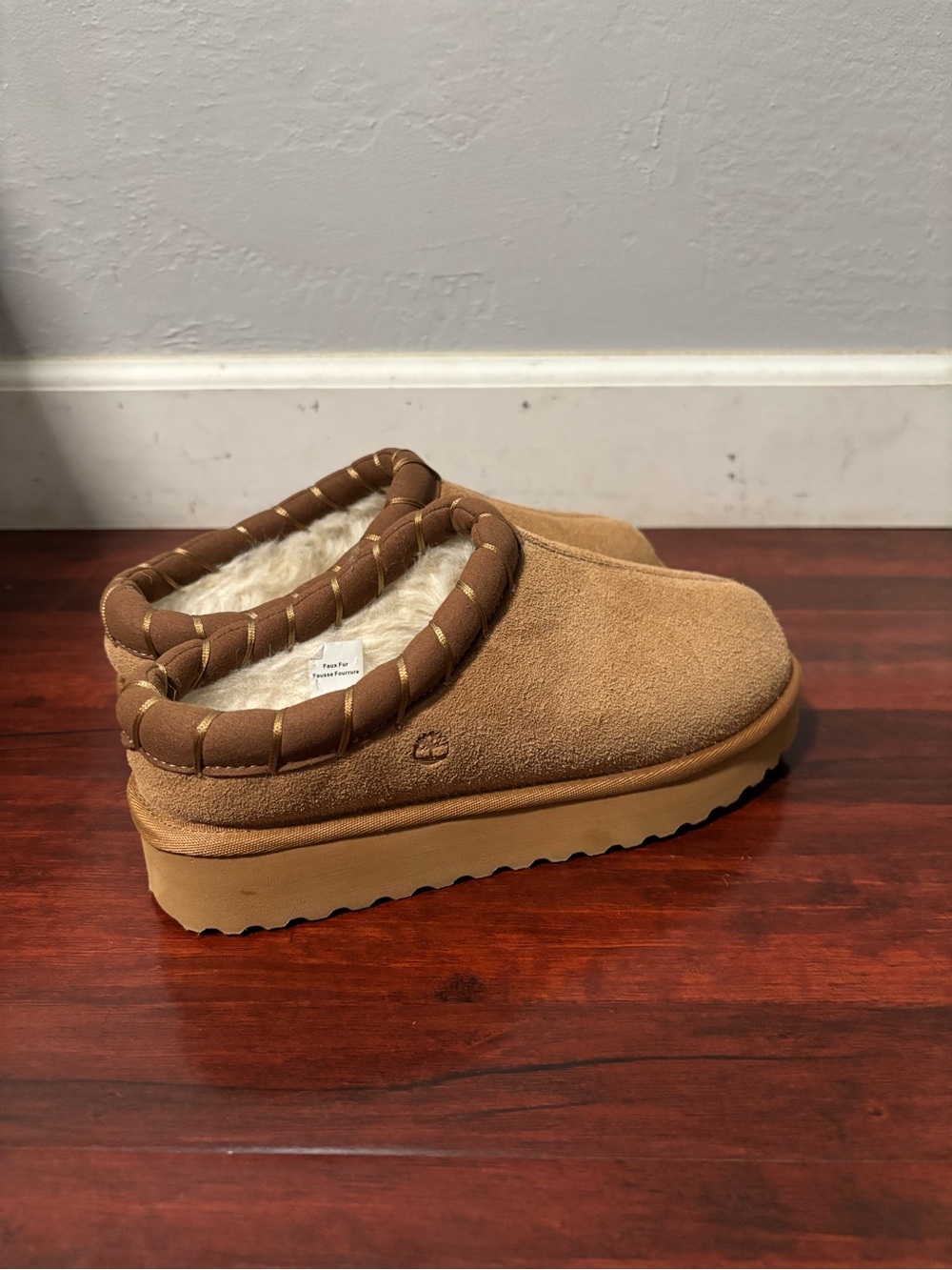 Timberland Women Chestnut Suede Faux-Fur Slip-On Slippers